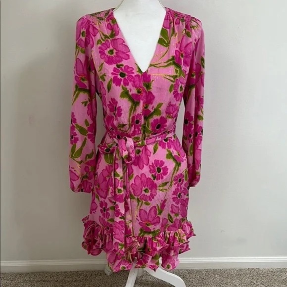 Taylor Pink and Green Wrap Dress with Bishop Sleeves NWT - Picture 1 of 10